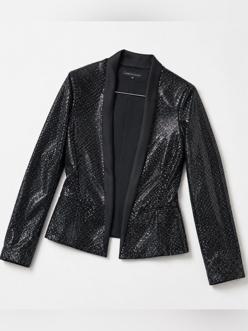 Zara Woman Black Sequin Open-Front Blazer with narrow tuxedo shawl collar size S